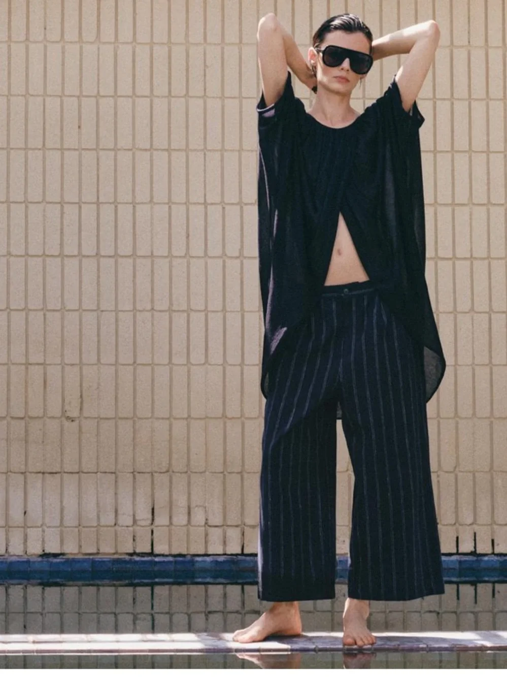 Wide-Leg Pinstripe Linen/Cotton Pants in Navy